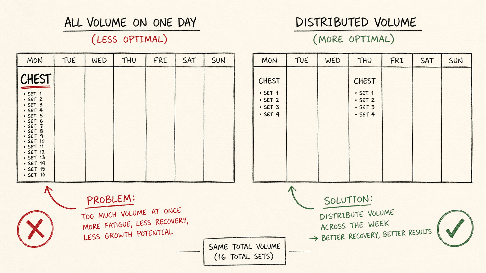 Side-by-side comparison of 1x vs 2x weekly frequency for the same muscle, showing 10 sets on one day vs 5+5 across two days with productive sets highlighted
